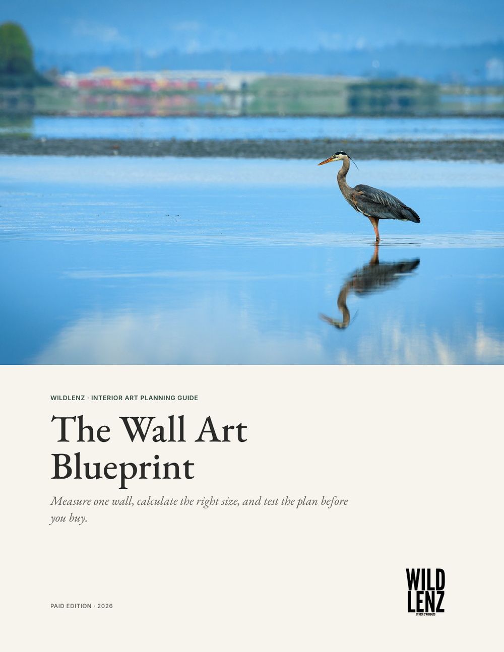Cover of The Wall Art Blueprint by WildLenz, with a heron photograph over calm blue water.