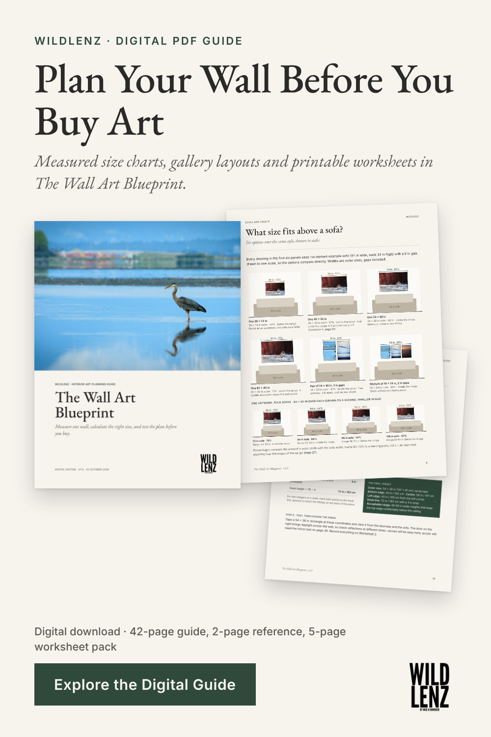 The Wall Art Blueprint digital bundle preview: 42-page guide, two-page reference and five worksheet pages.