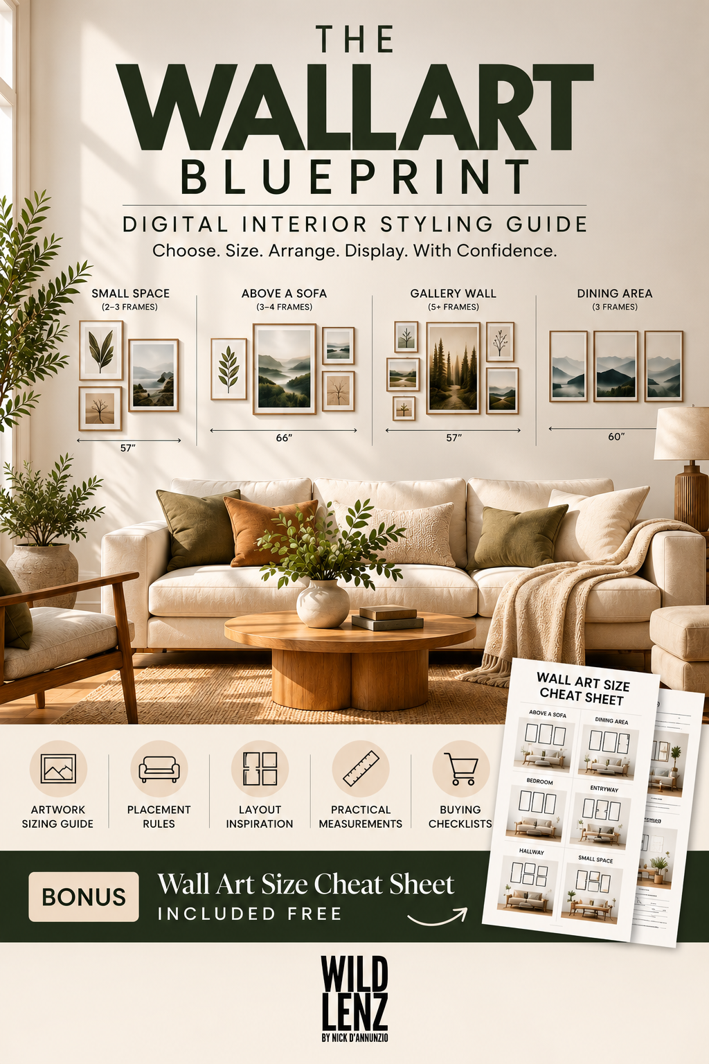 The Wall Art Blueprint digital interior styling guide by WildLenz with wall art placement ideas and bonus size cheat sheet