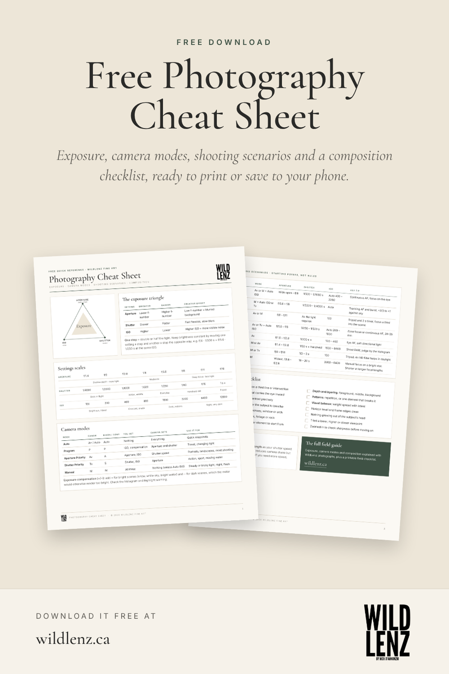 Free WildLenz photography cheat sheet preview
