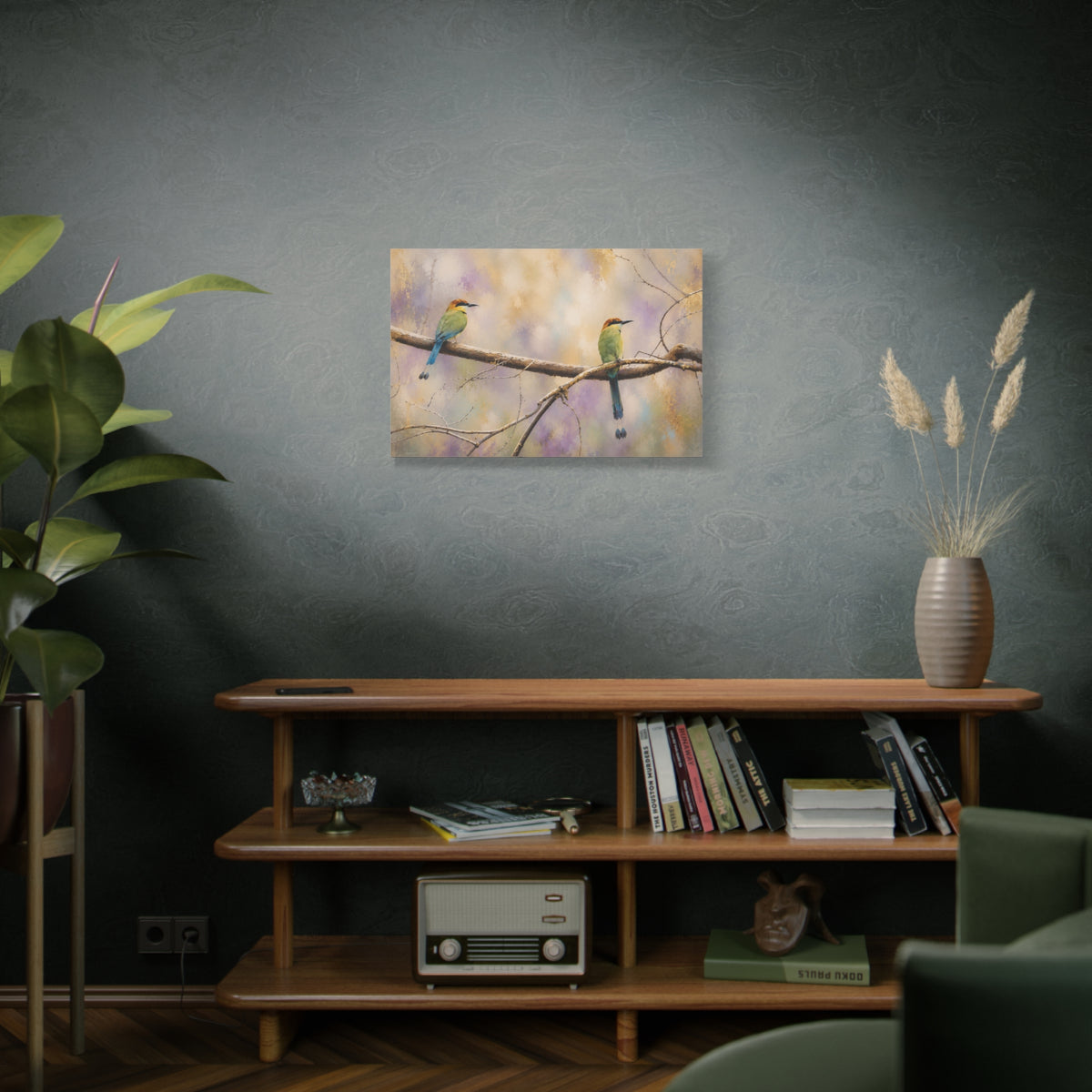 Twin Motmots in Bloom Abstract Canvas Print
