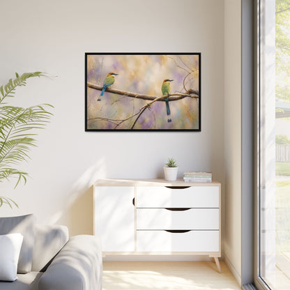 Twin Motmots in Bloom Abstract Framed Canvas Print
