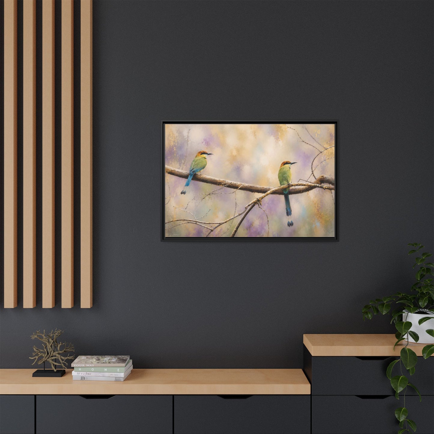 Twin Motmots in Bloom Abstract Framed Canvas Print