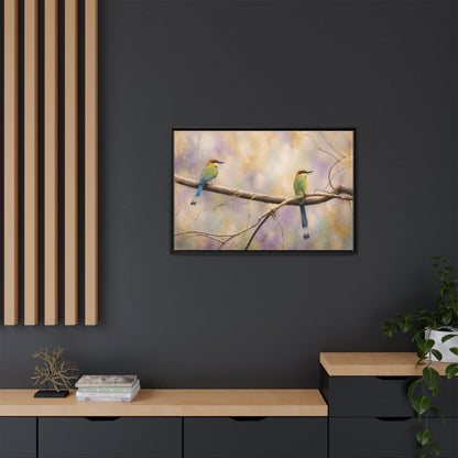 Twin Motmots in Bloom Abstract Framed Canvas Print