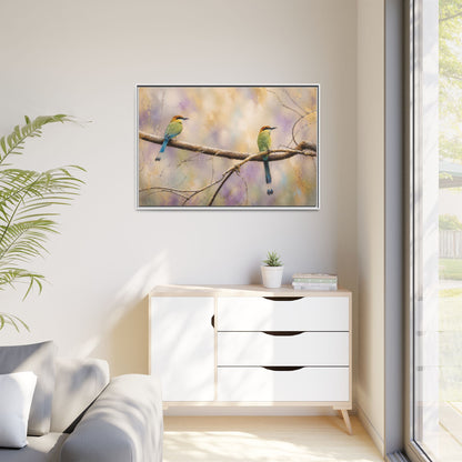 Twin Motmots in Bloom Abstract Framed Canvas Print