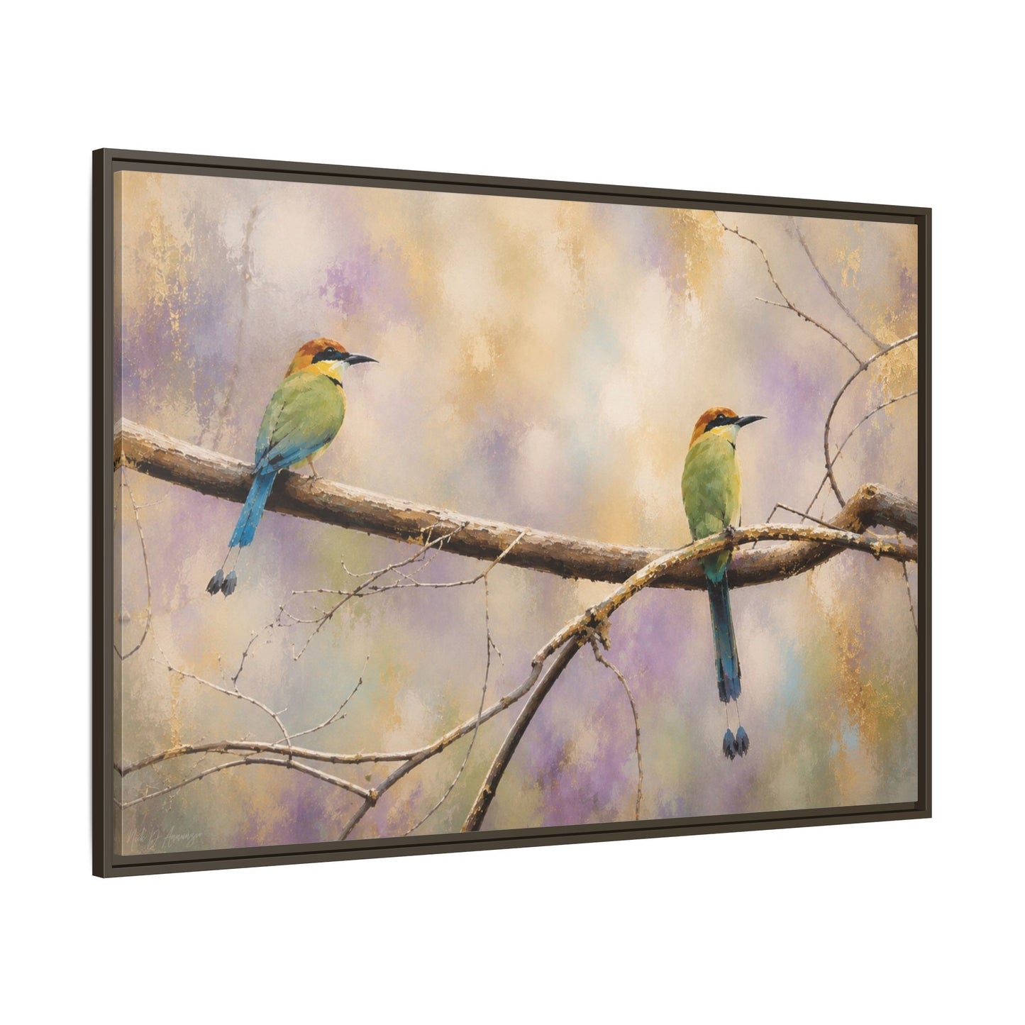 Twin Motmots in Bloom Abstract Framed Canvas Print