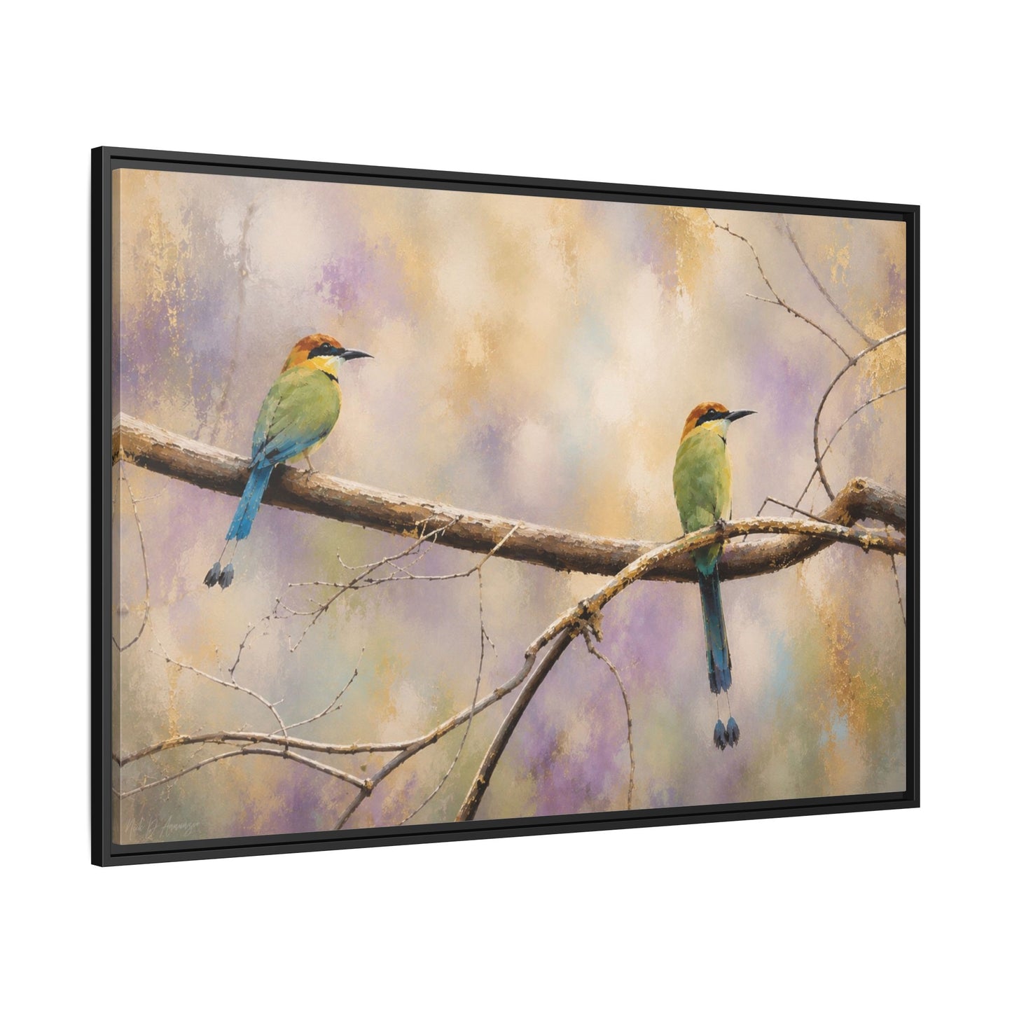 Twin Motmots in Bloom Abstract Framed Canvas Print