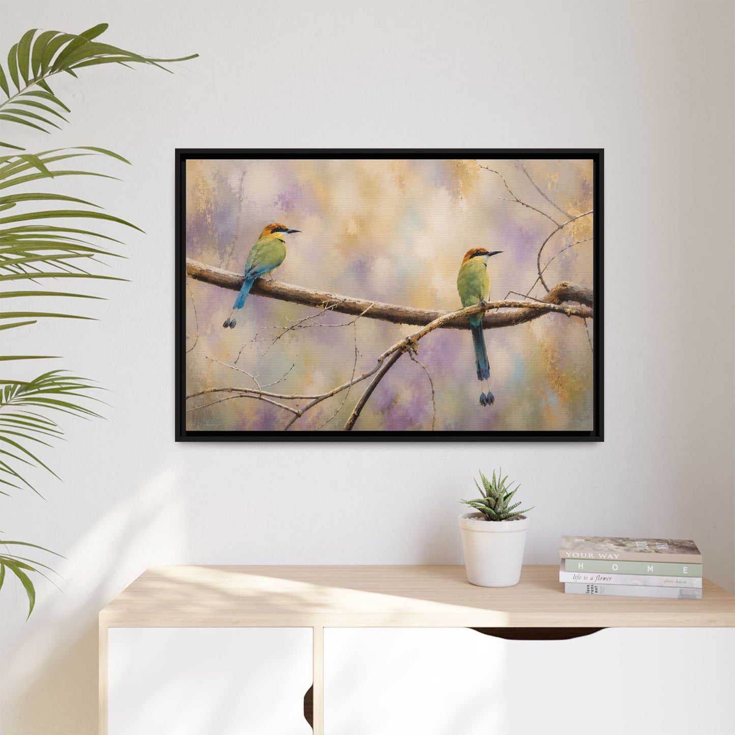 Twin Motmots in Bloom Abstract Framed Canvas Print