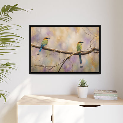 Twin Motmots in Bloom Abstract Framed Canvas Print