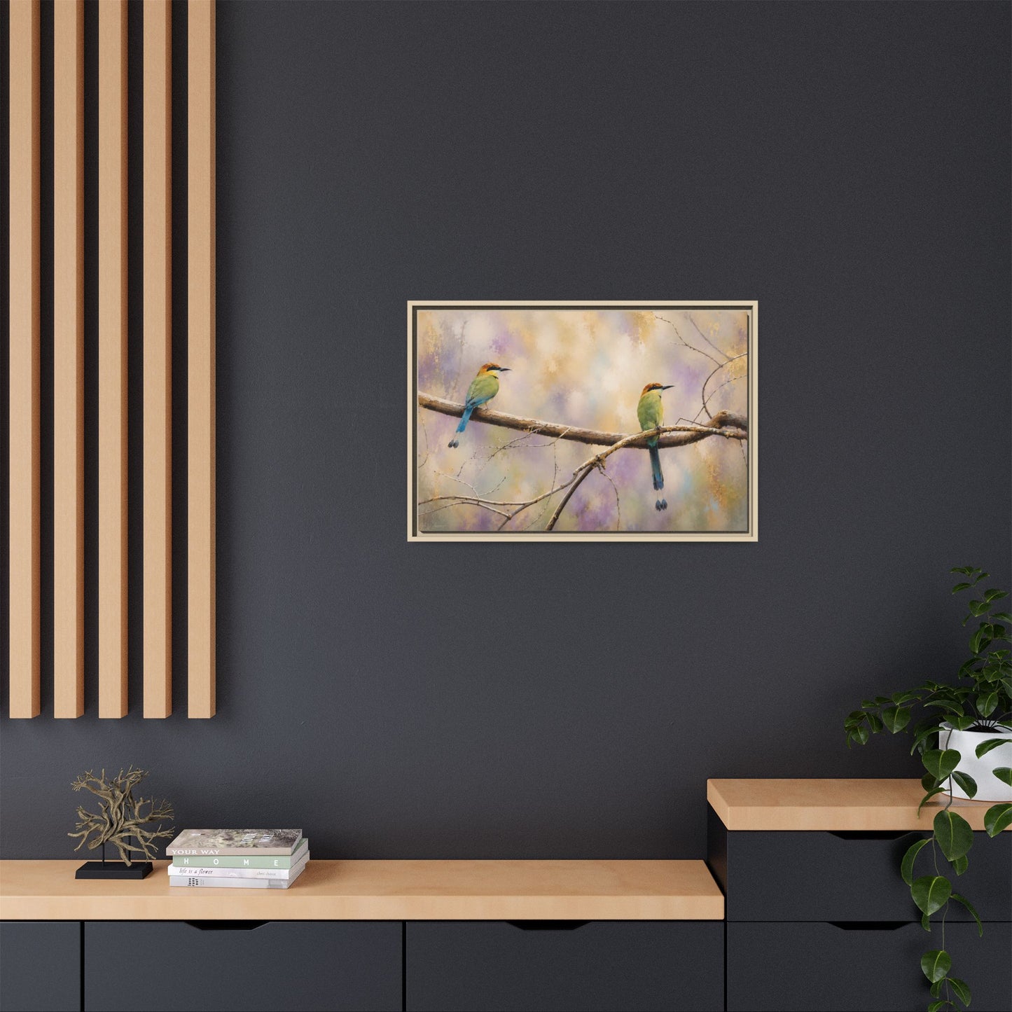 Twin Motmots in Bloom Abstract Framed Canvas Print