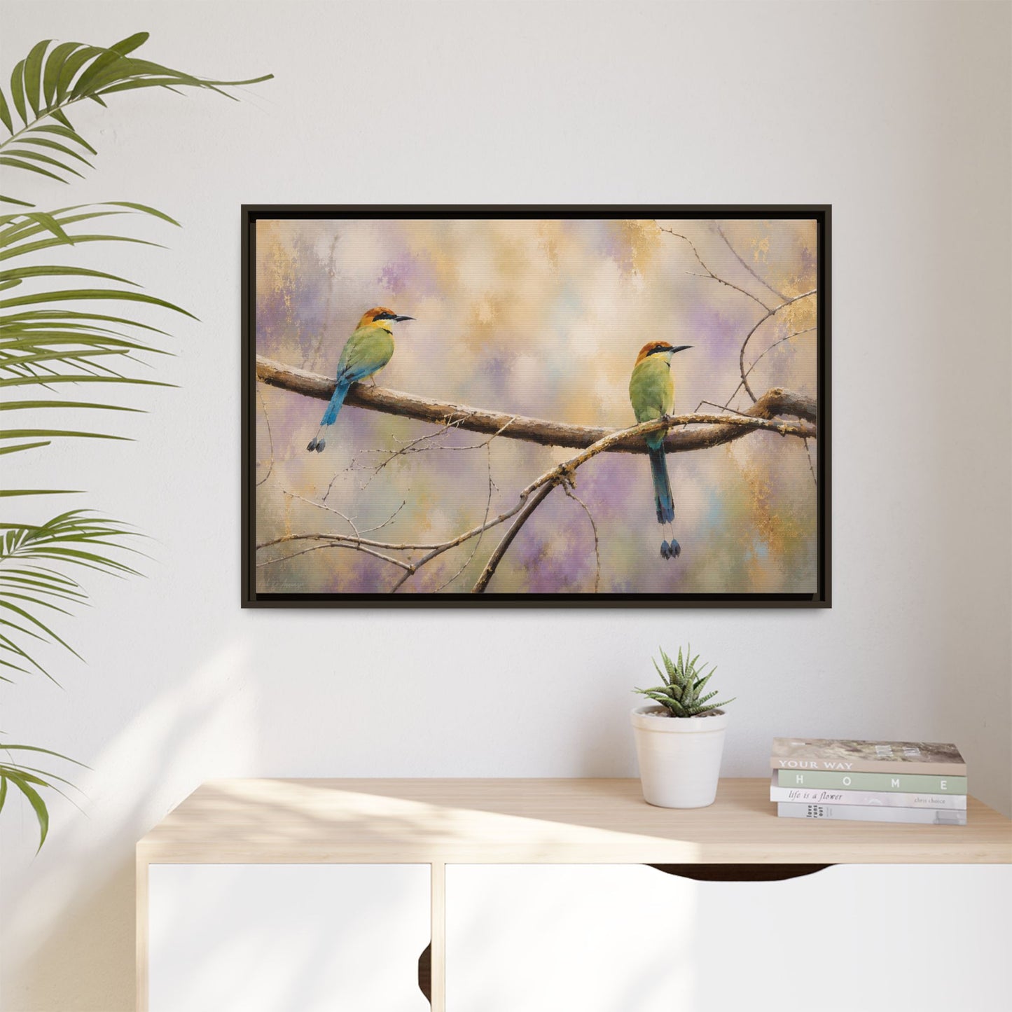Twin Motmots in Bloom Abstract Framed Canvas Print
