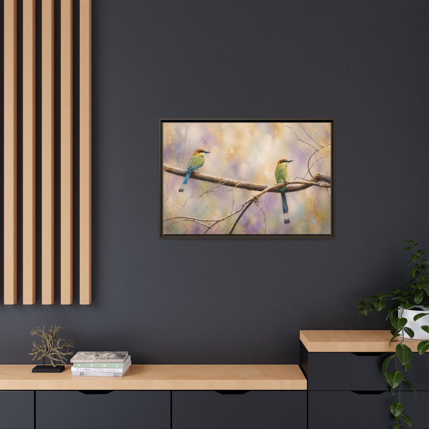 Twin Motmots in Bloom Abstract Framed Canvas Print