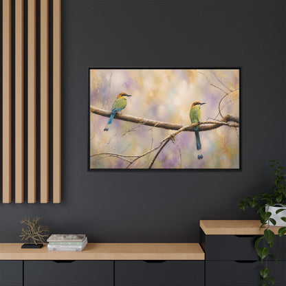 Twin Motmots in Bloom Abstract Framed Canvas Print