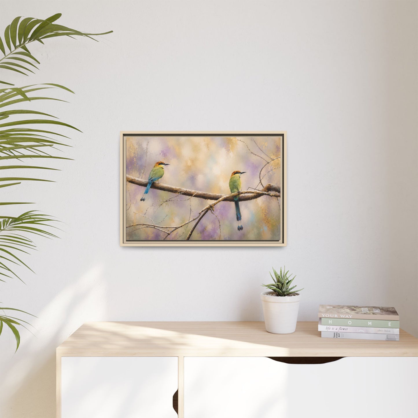 Twin Motmots in Bloom Abstract Framed Canvas Print