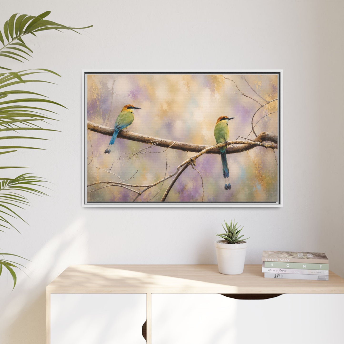 Twin Motmots in Bloom Abstract Framed Canvas Print