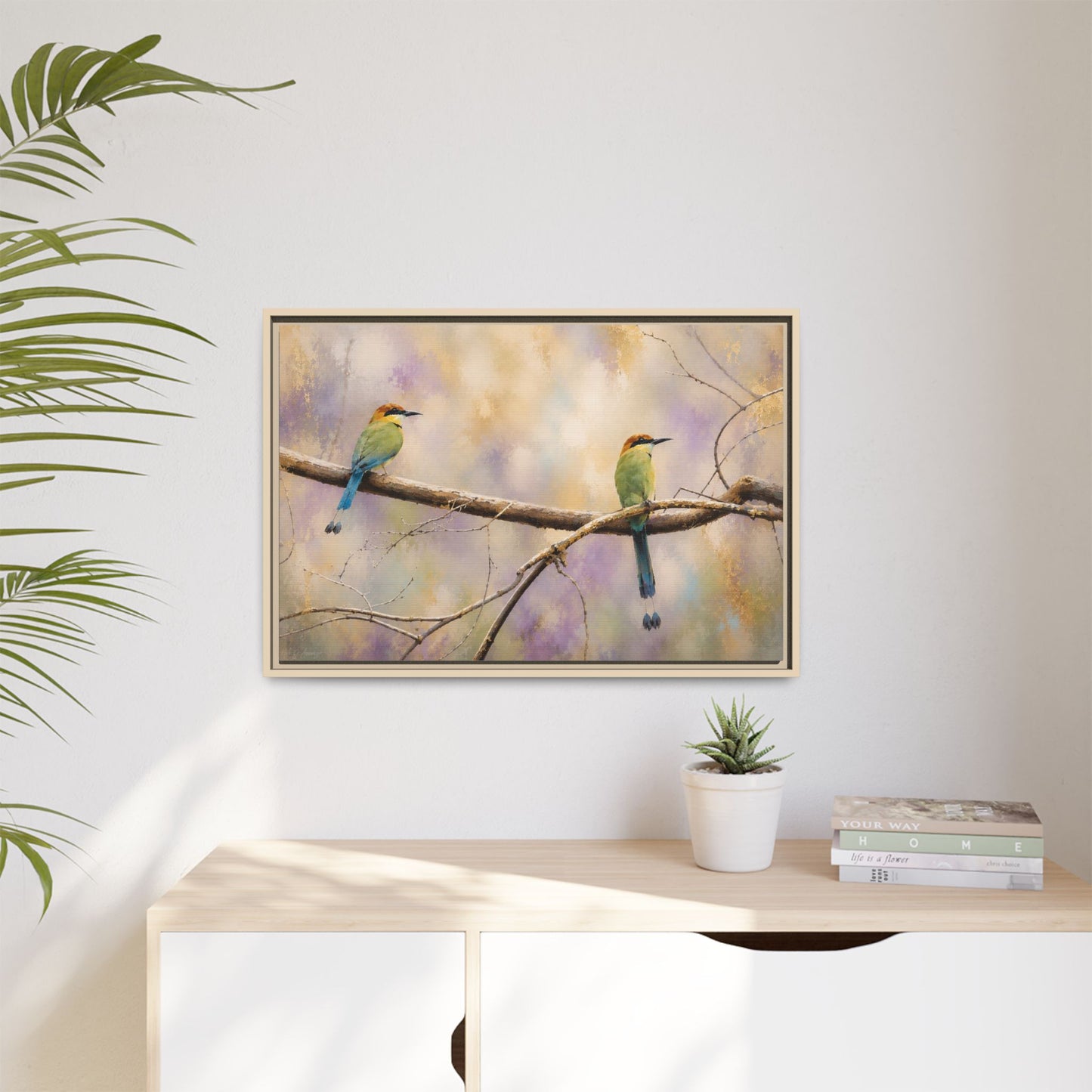 Twin Motmots in Bloom Abstract Framed Canvas Print