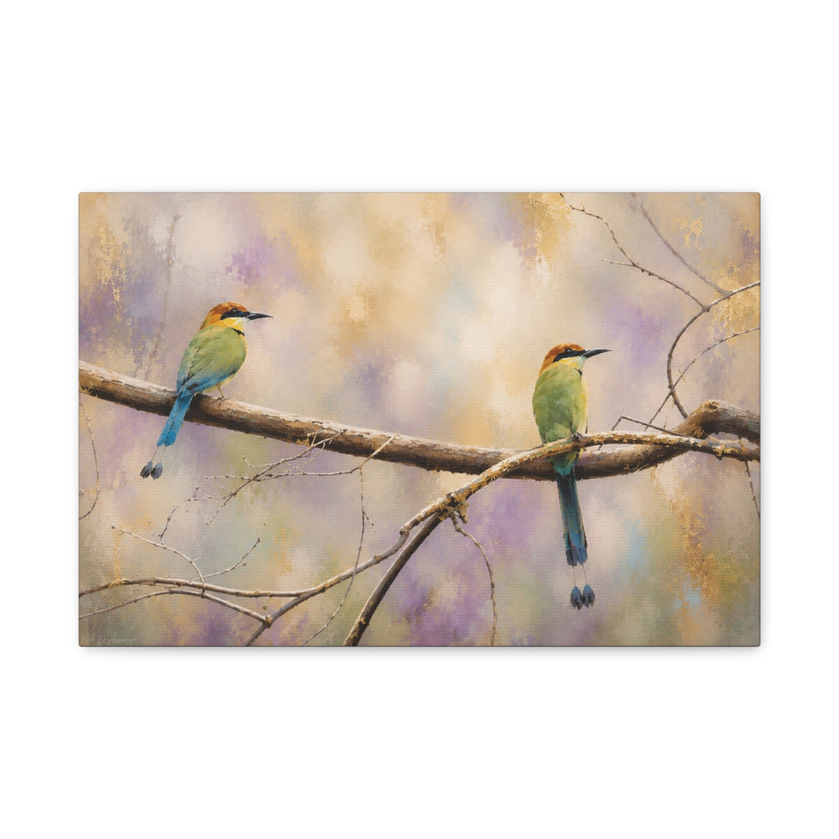 Twin Motmots in Bloom Abstract Canvas Print
