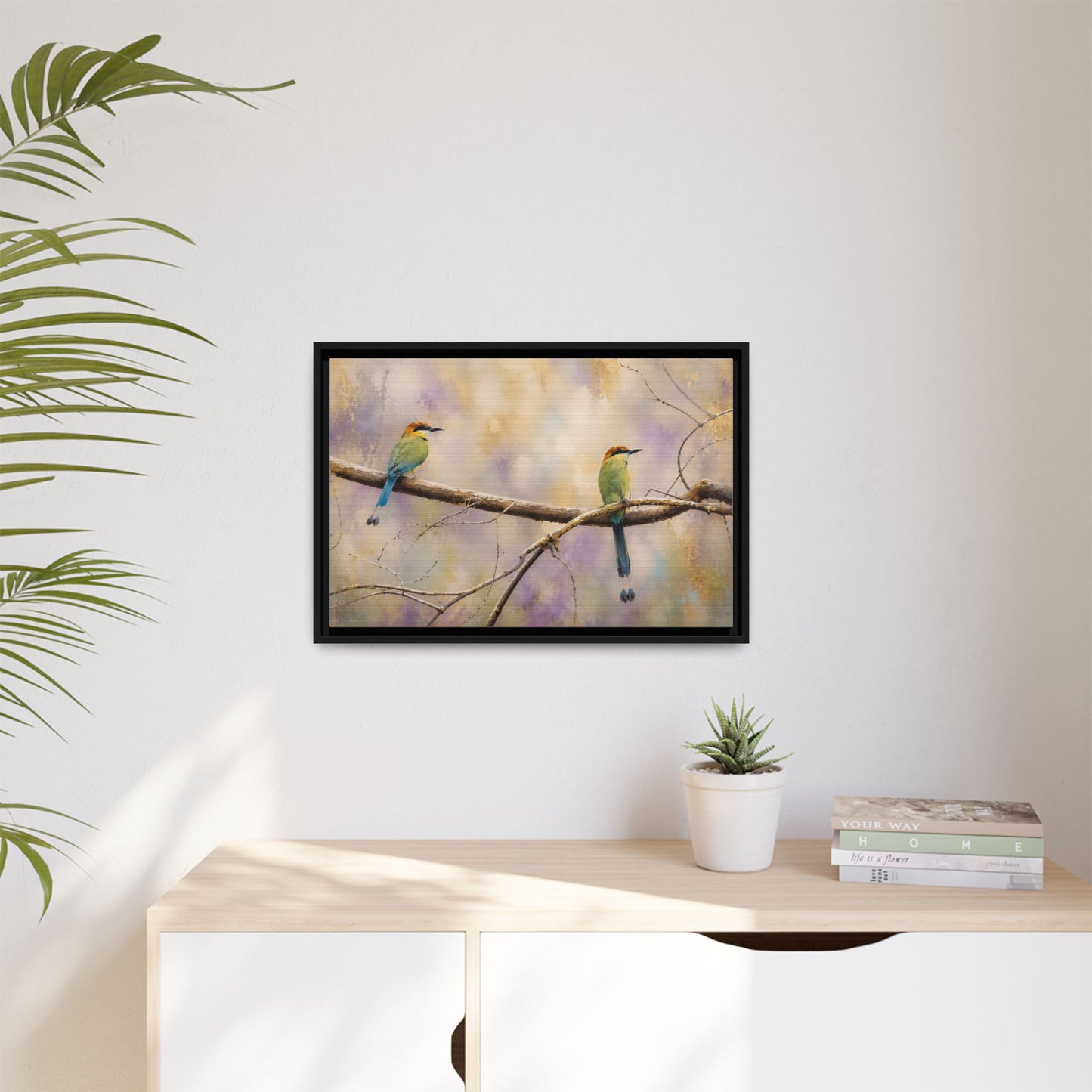 Twin Motmots in Bloom Abstract Framed Canvas Print