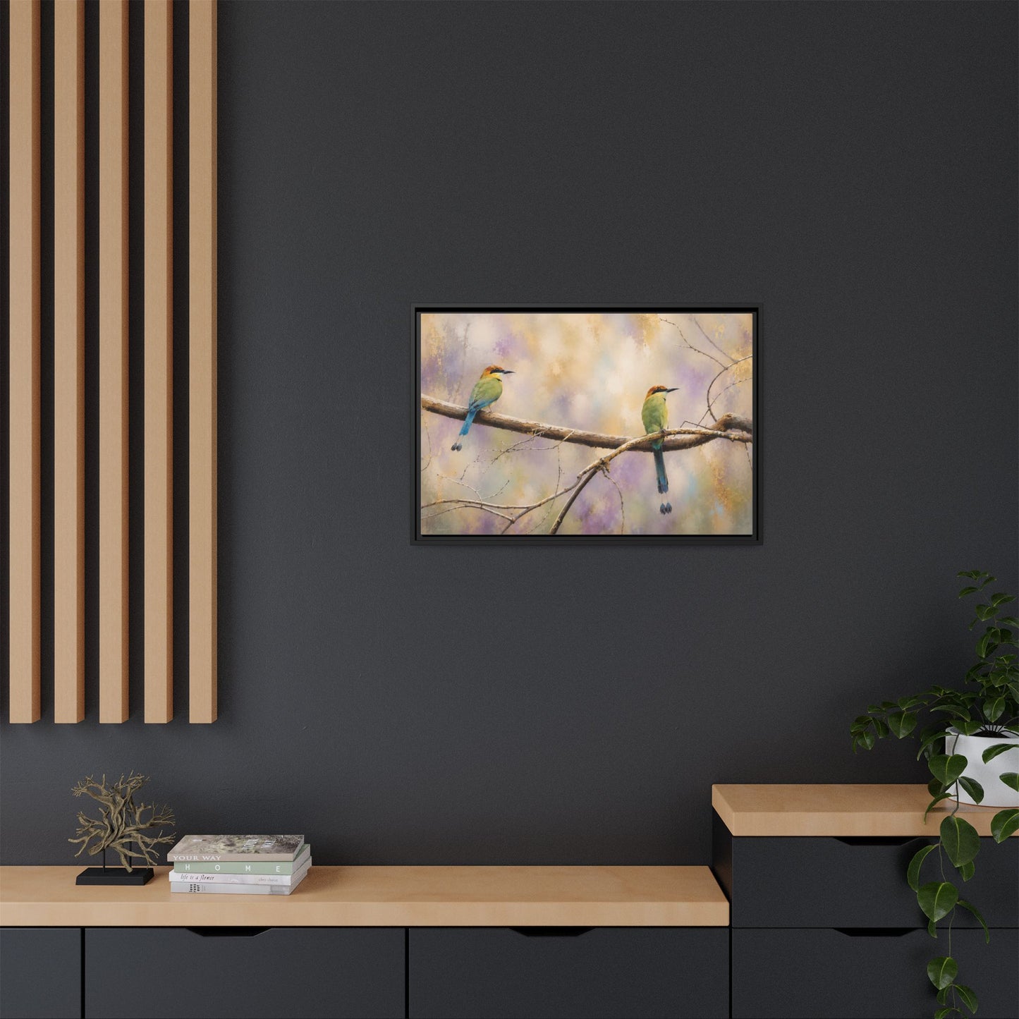 Twin Motmots in Bloom Abstract Framed Canvas Print