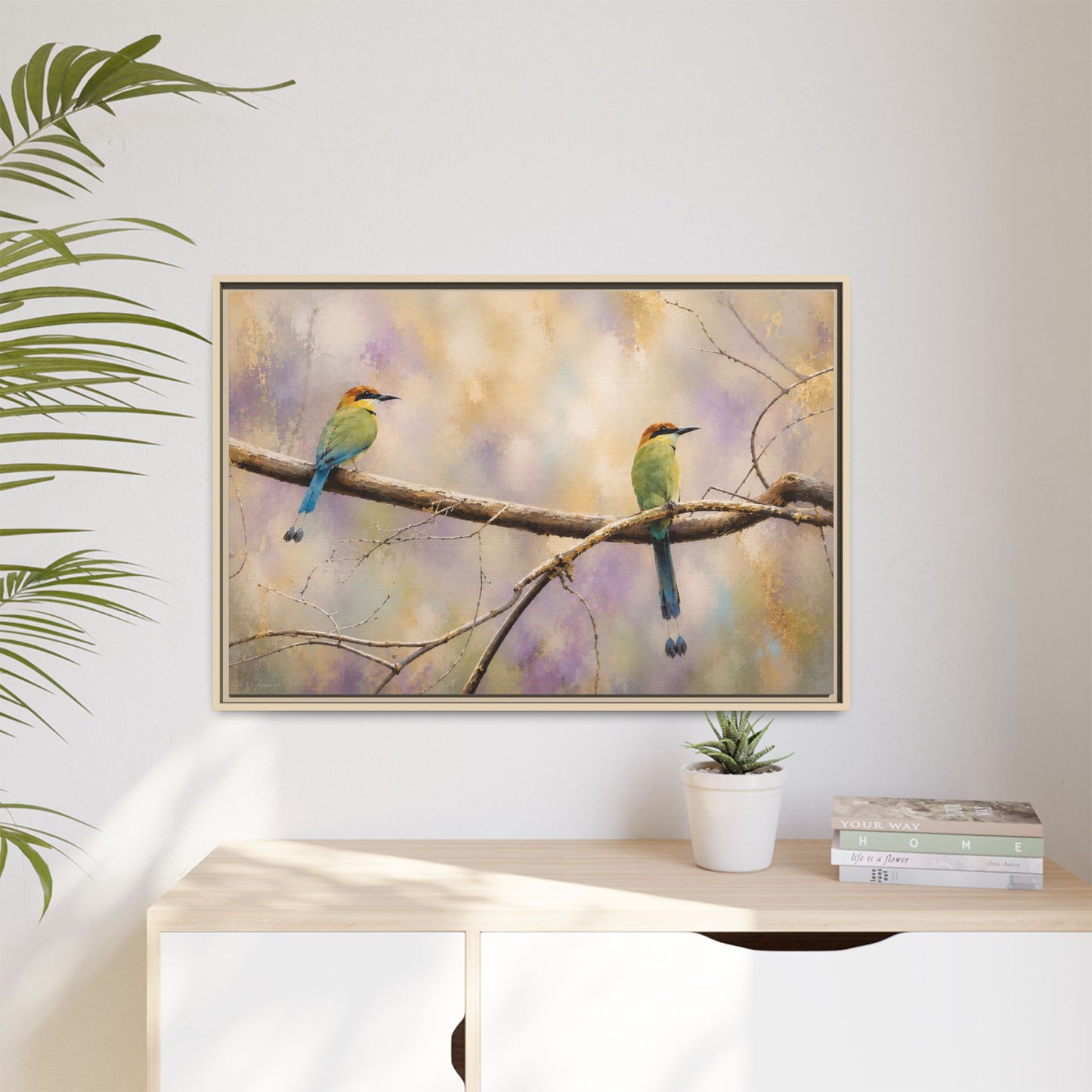 Twin Motmots in Bloom Abstract Framed Canvas Print