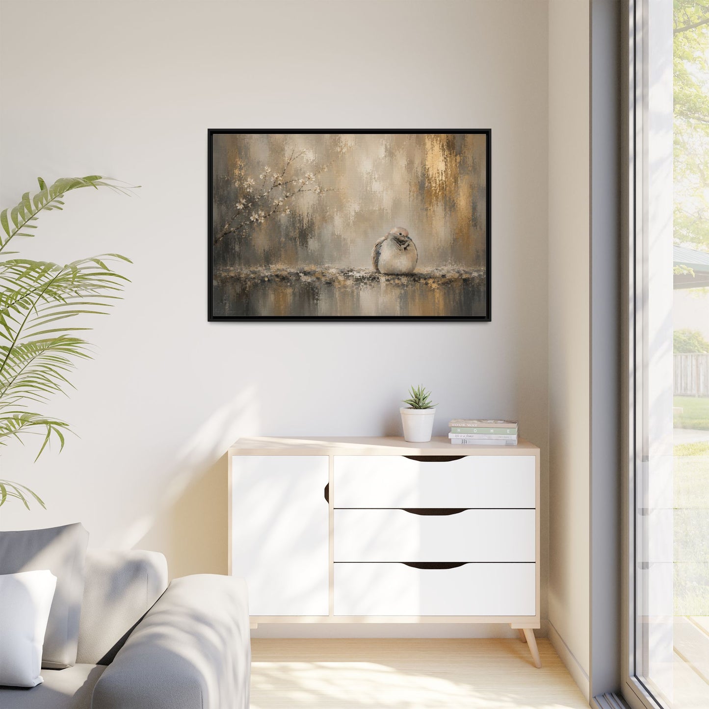 Dove Golden Abstract Framed Canvas Print