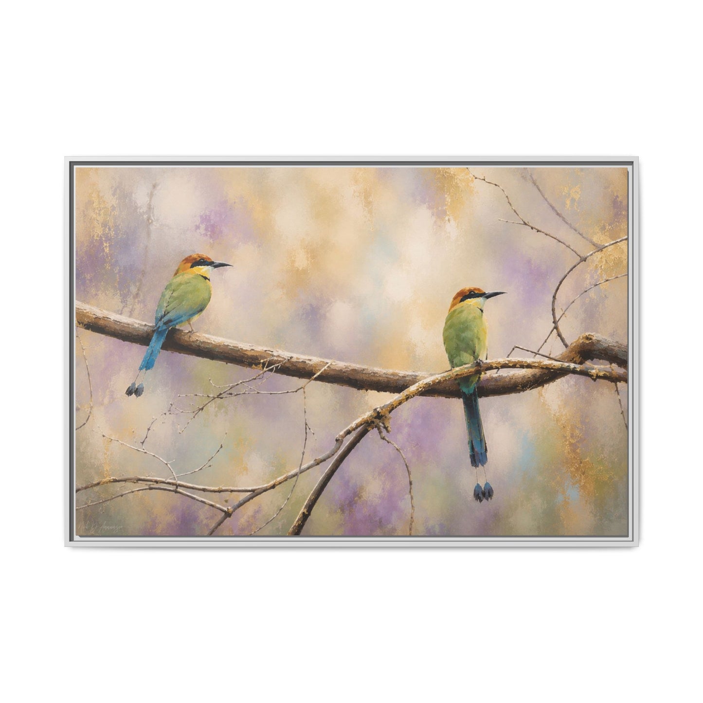 Twin Motmots in Bloom Abstract Framed Canvas Print