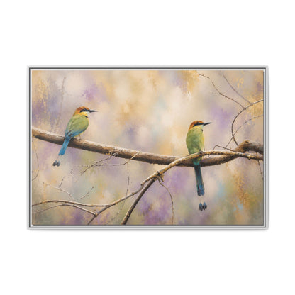 Twin Motmots in Bloom Abstract Framed Canvas Print