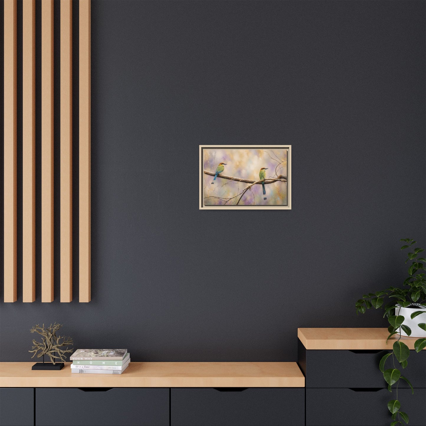 Twin Motmots in Bloom Abstract Framed Canvas Print