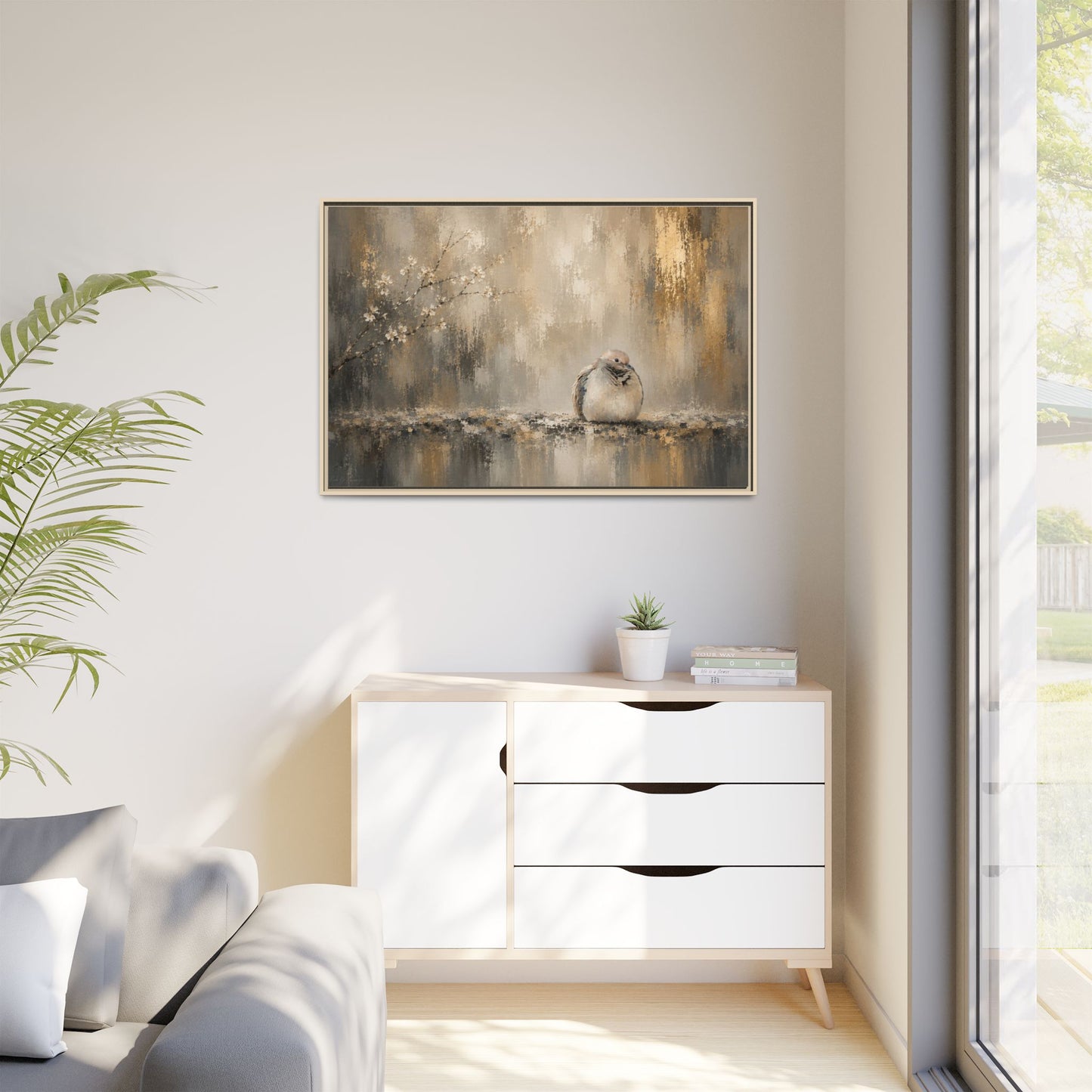 Dove Golden Abstract Framed Canvas Print