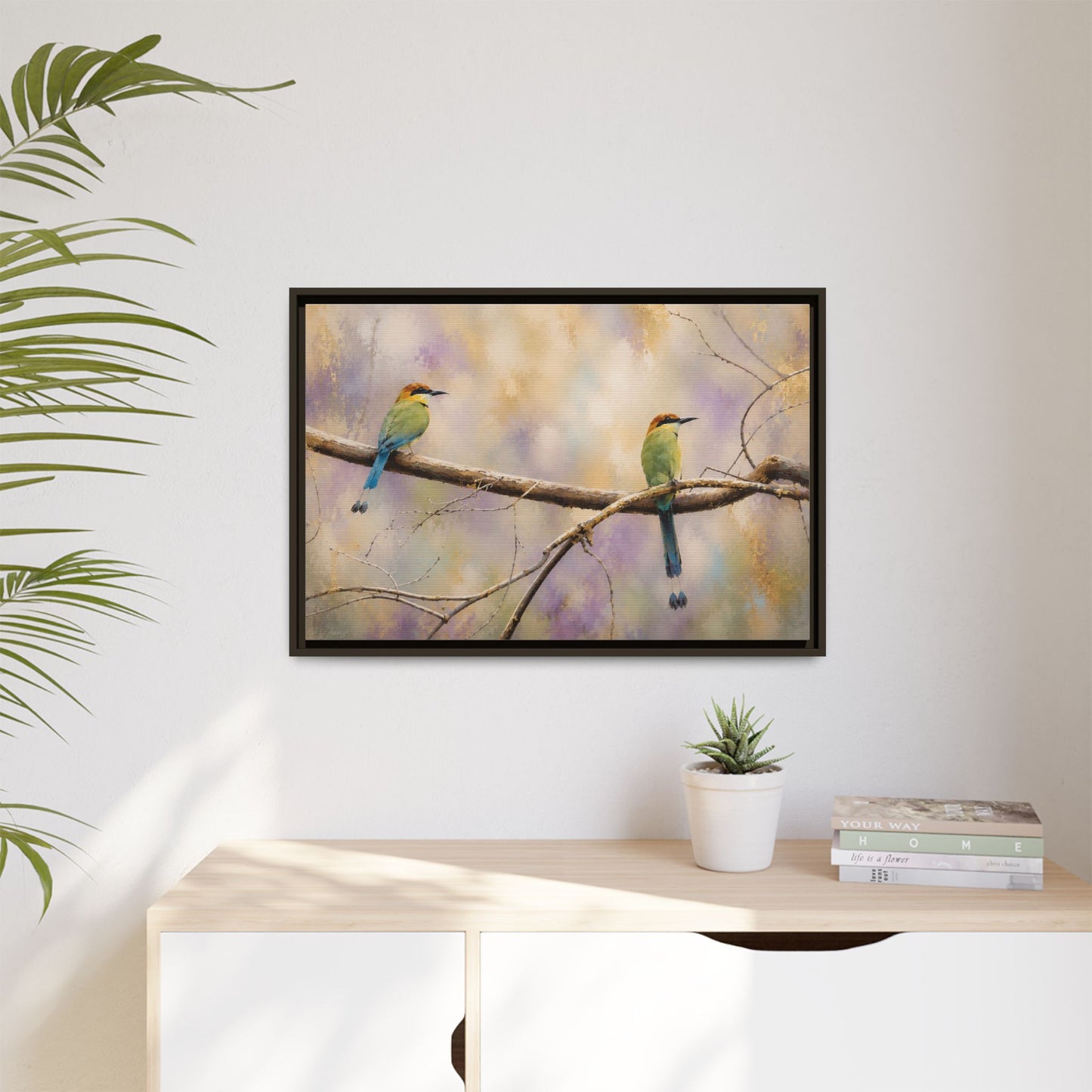 Twin Motmots in Bloom Abstract Framed Canvas Print
