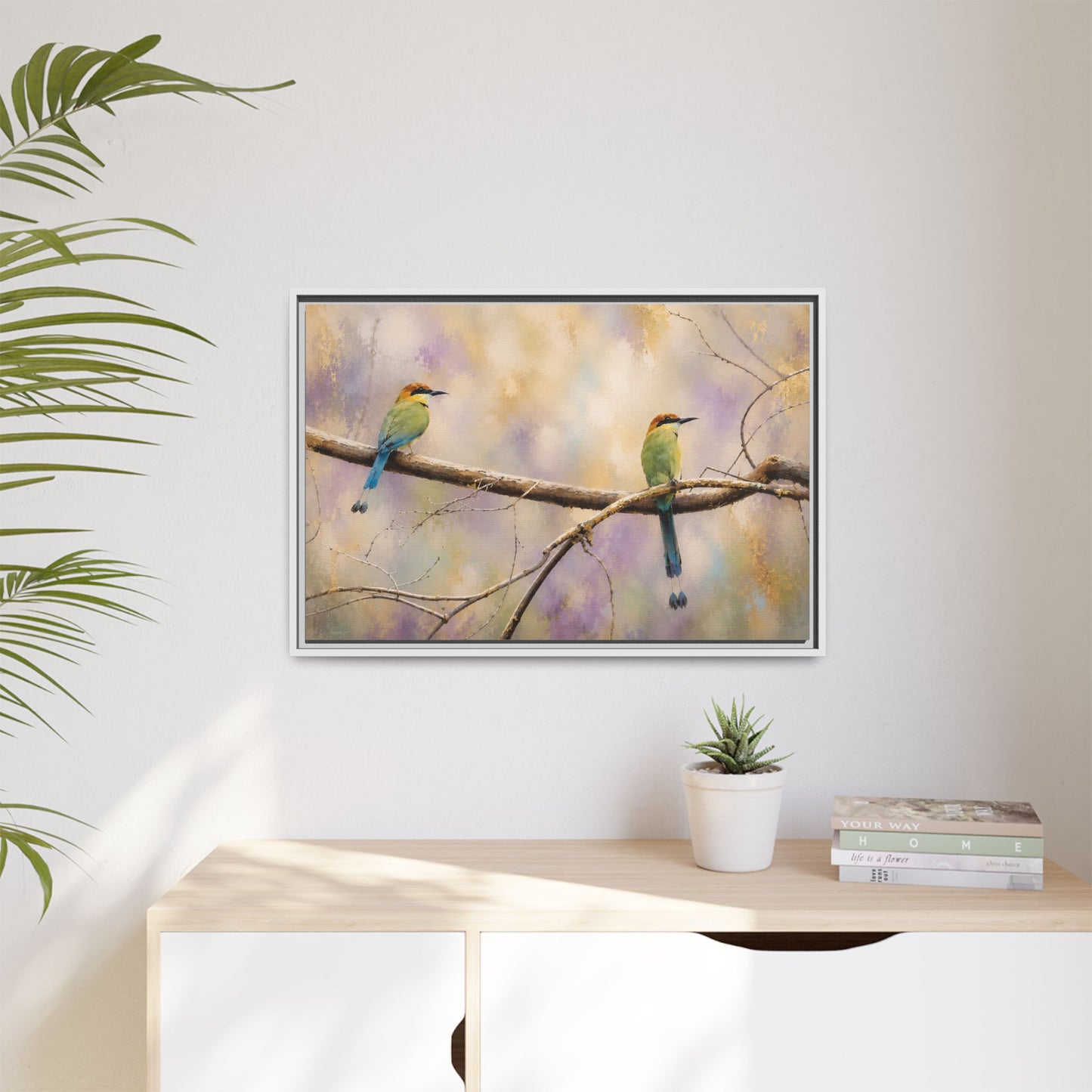 Twin Motmots in Bloom Abstract Framed Canvas Print