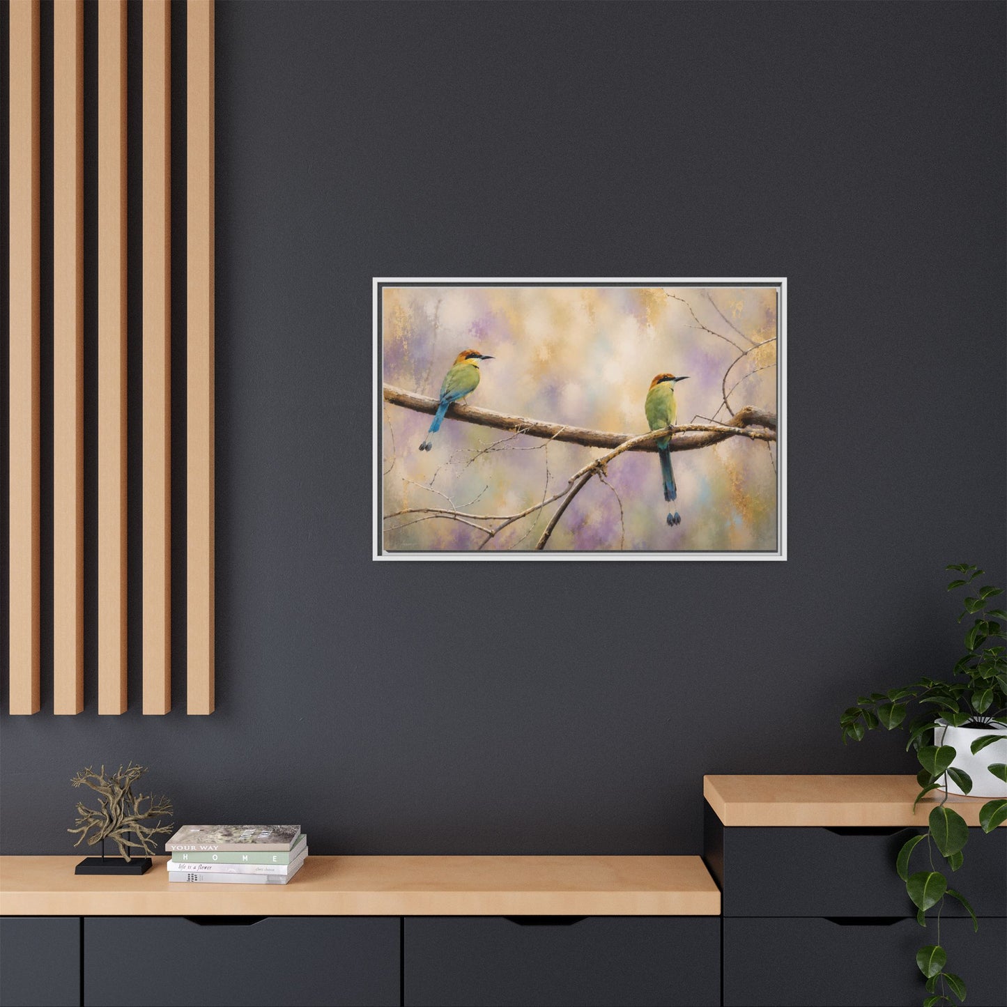 Twin Motmots in Bloom Abstract Framed Canvas Print