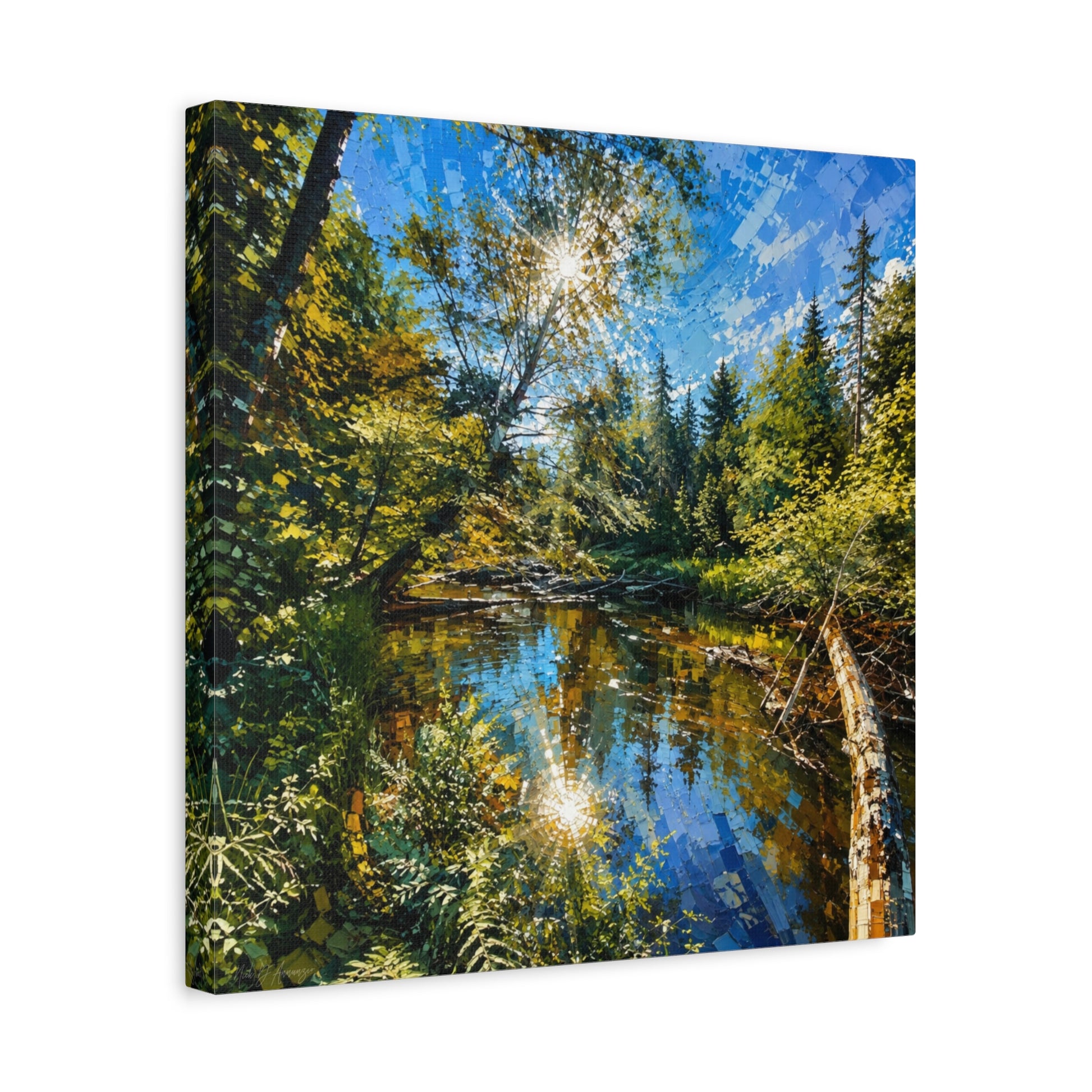 Blue and green abstract Ontario river canvas wall art by WildLenz