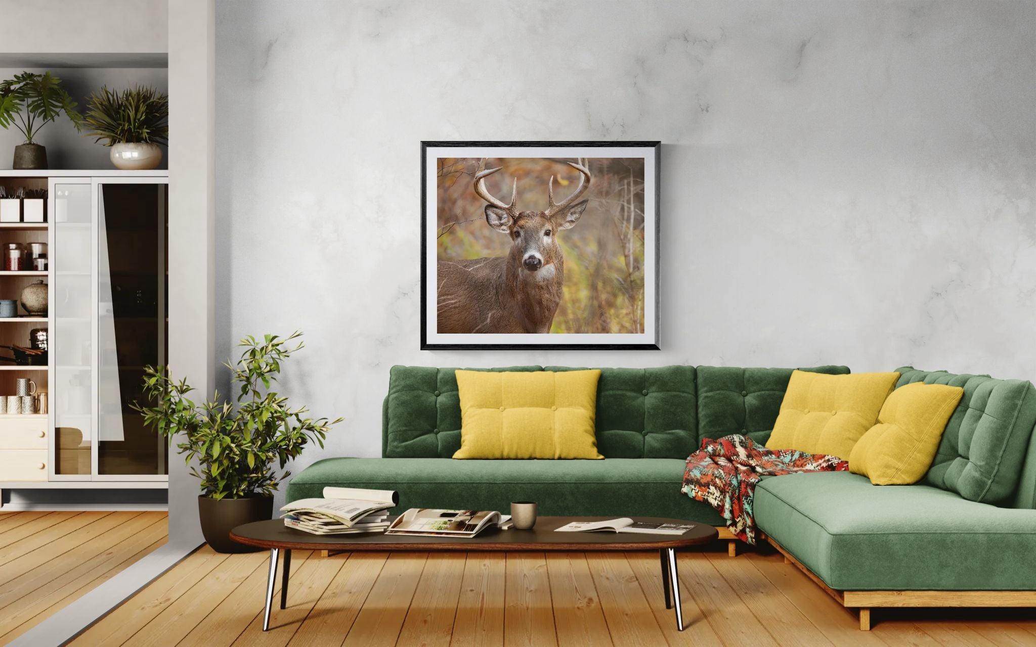 Contemporary living area with fine art photography displayed above a corner sofa