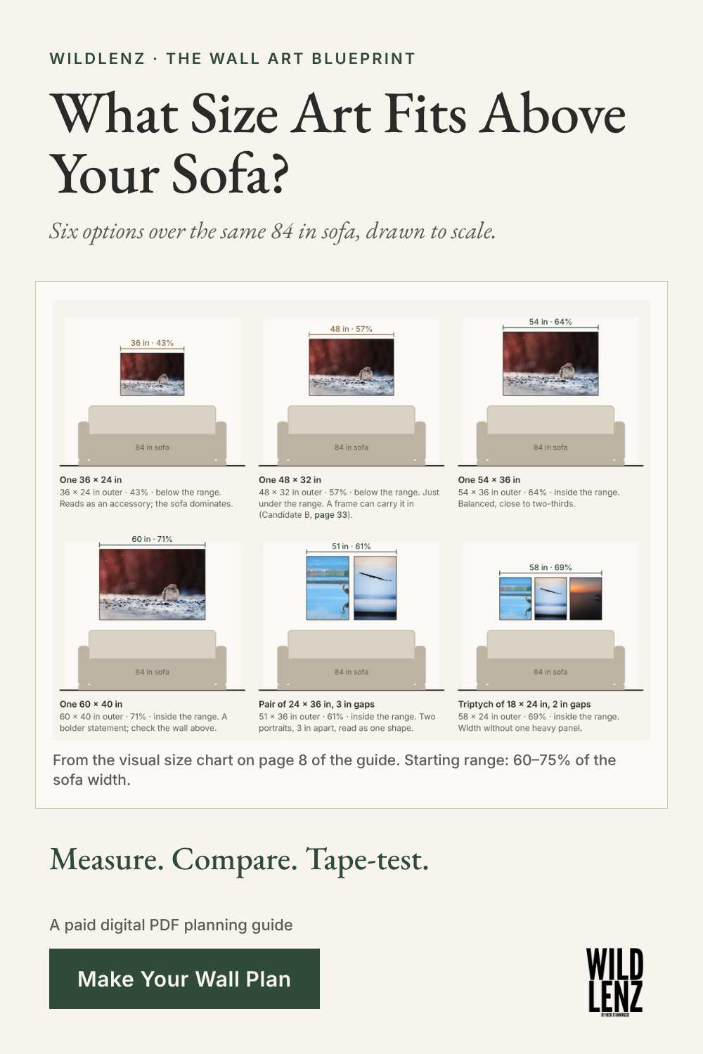 Six measured artwork-size options above the same 84-inch sofa, from The Wall Art Blueprint.