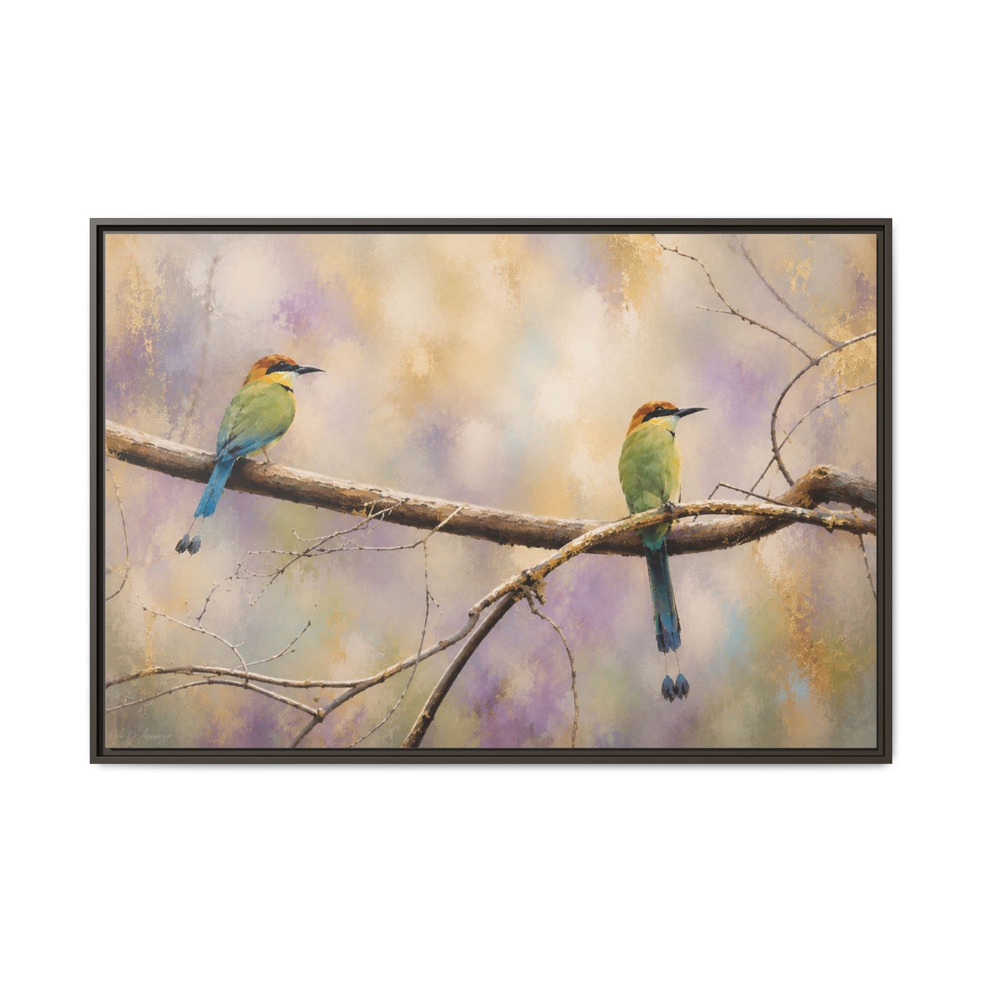 Twin Motmots in Bloom Abstract Framed Canvas Print by WildLenz
