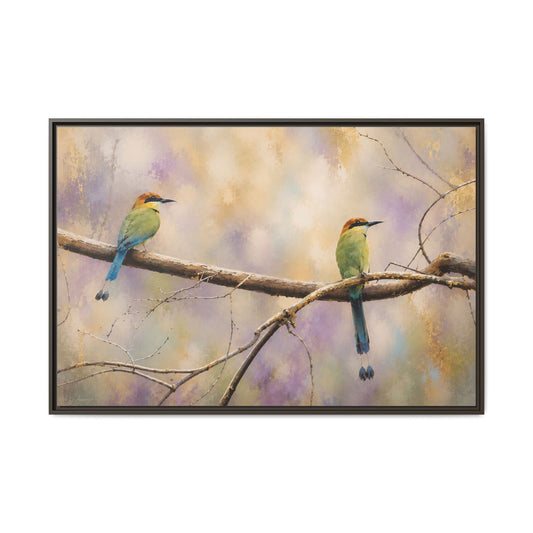 Twin Motmots in Bloom Abstract Framed Canvas Print by WildLenz