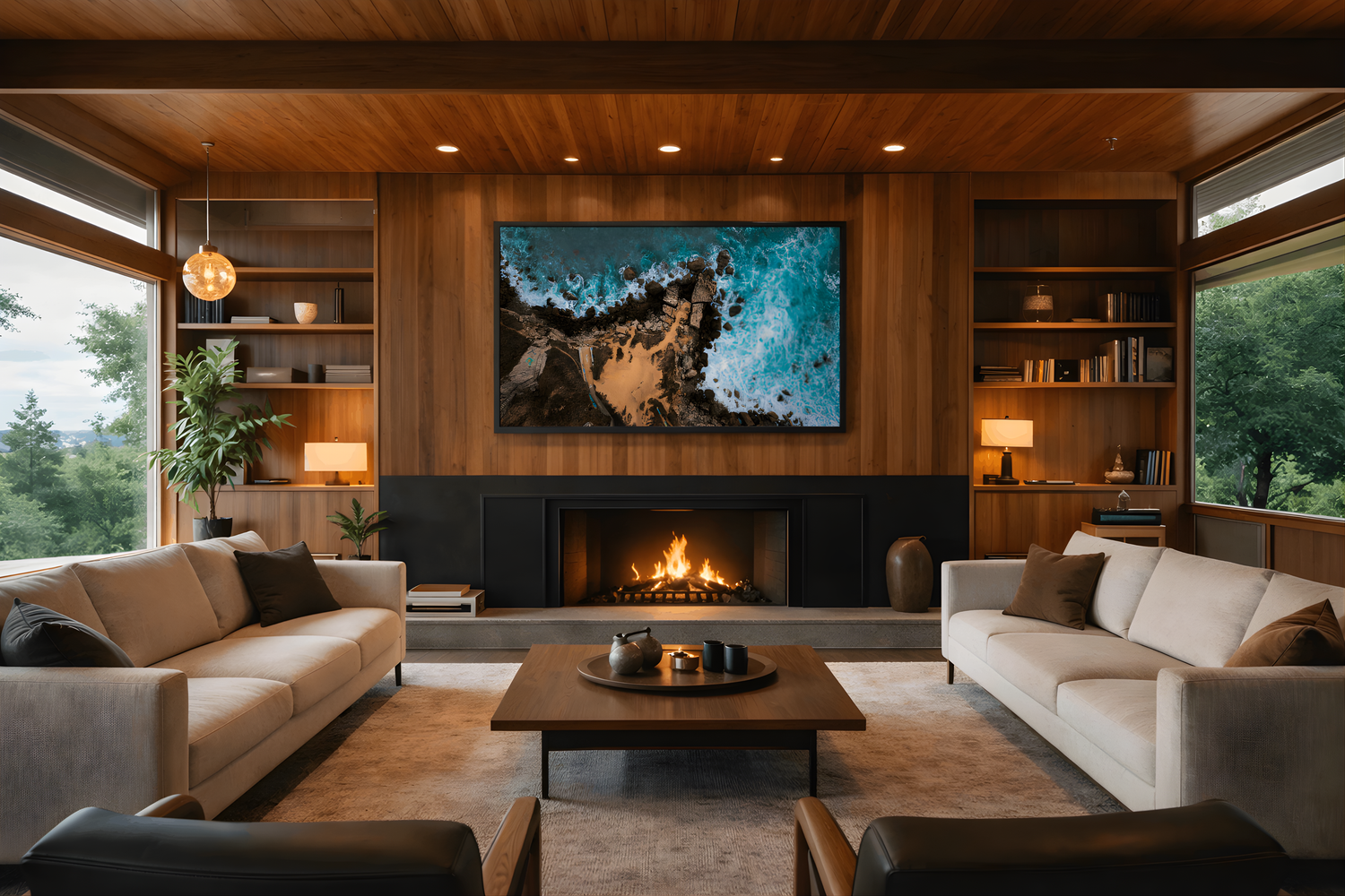elegant living room with large acrylic wildlenz piece on the wall.