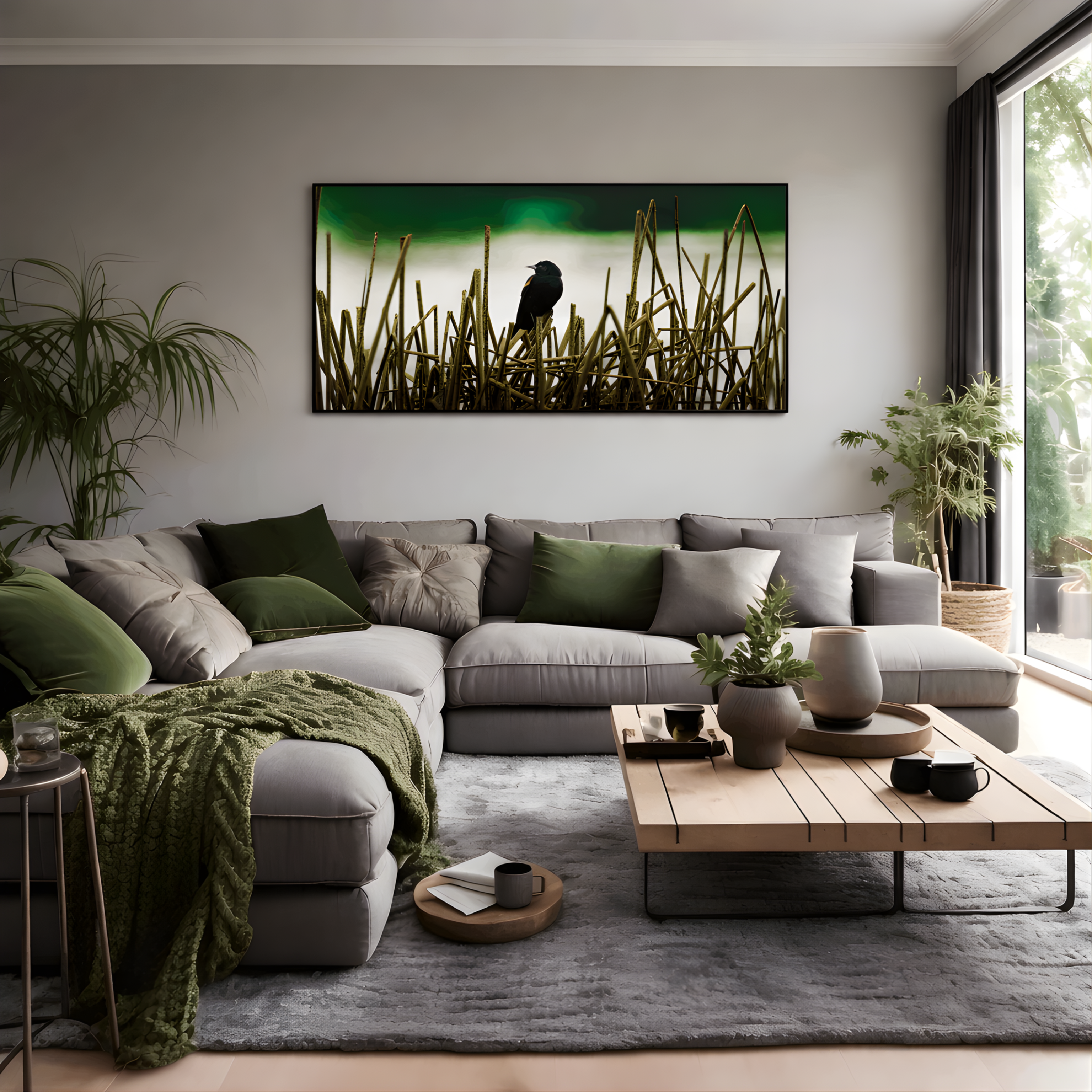 Modern living room with a gray sectional sofa, wooden coffee table, and decorative items.