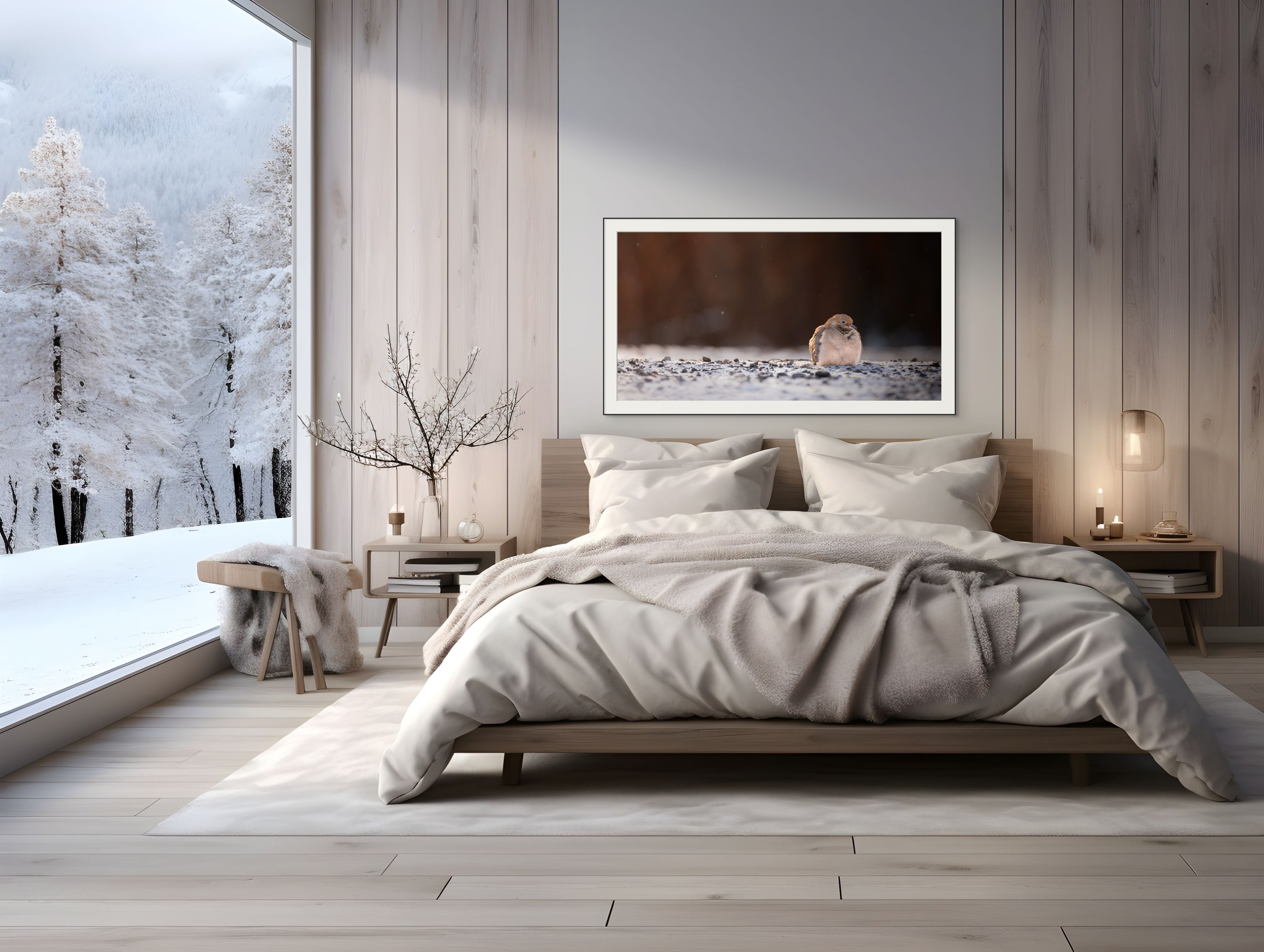 Modern bedroom with a large window showing a snowy landscape, bed with beige bedding, and framed artwork on the wall.