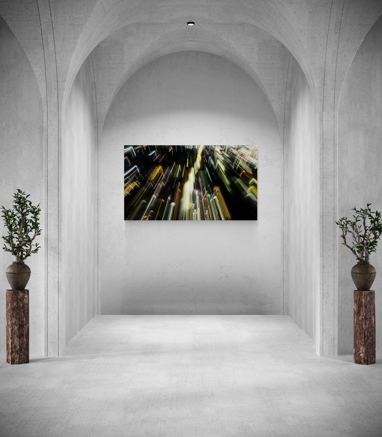 Modern interior with a large wall-mounted art piece displaying a cityscape, flanked by two potted plants.
