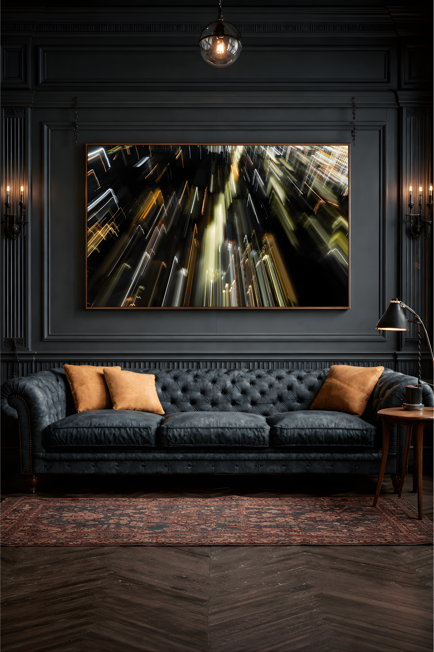 luxury living room with luxury art piece electric descent above nice sofa.