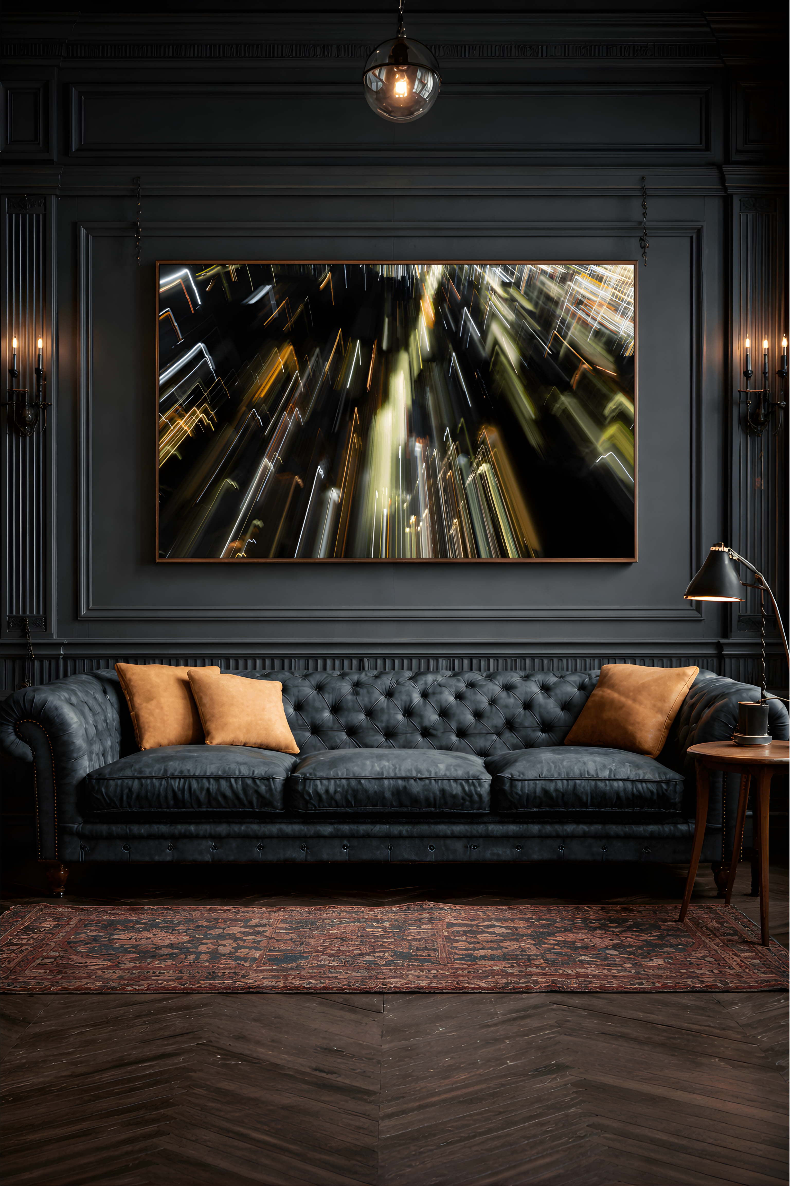 luxury living room with luxury art piece electric descent above nice sofa.