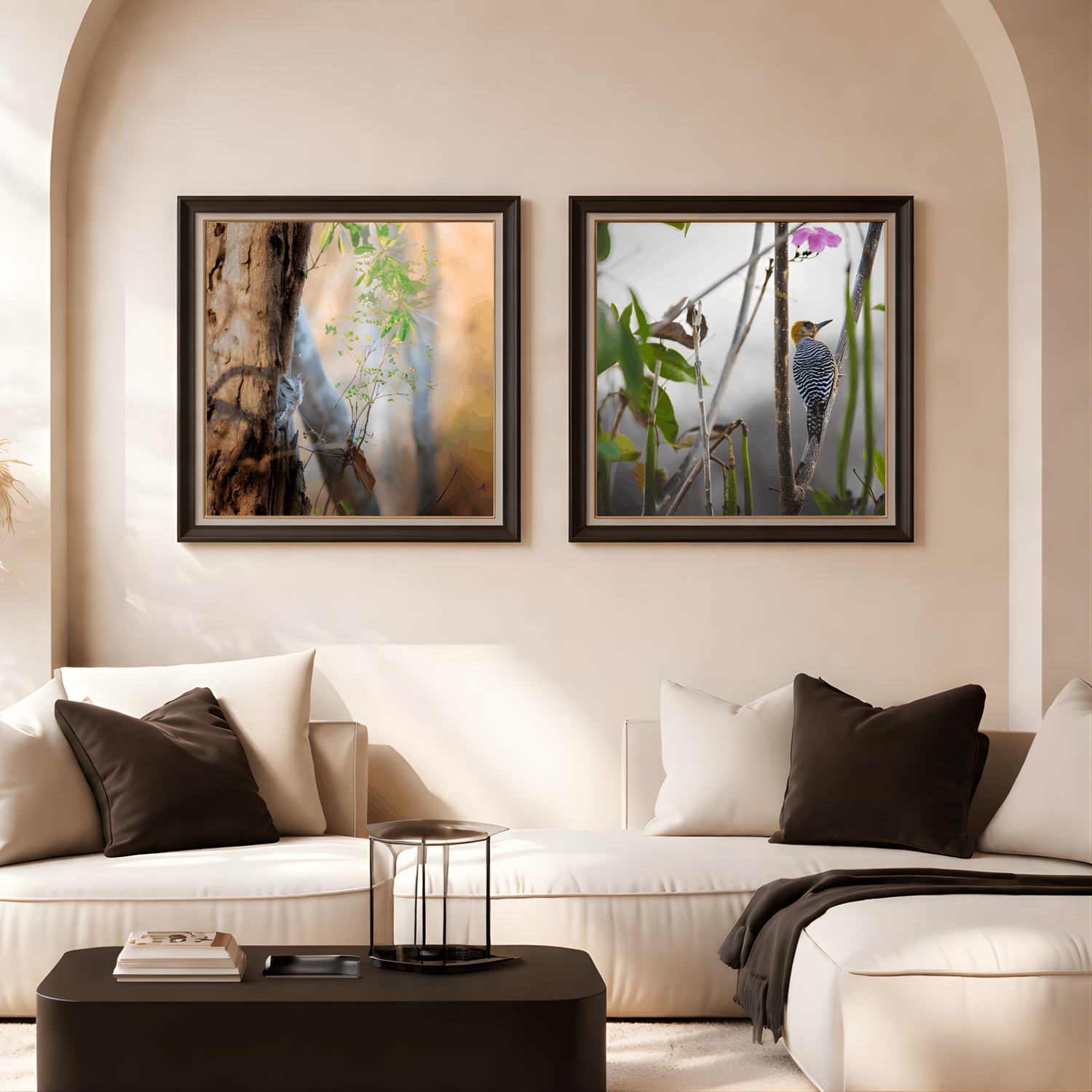 Modern interior with multiple fine art photographic prints displayed on a gallery wall
