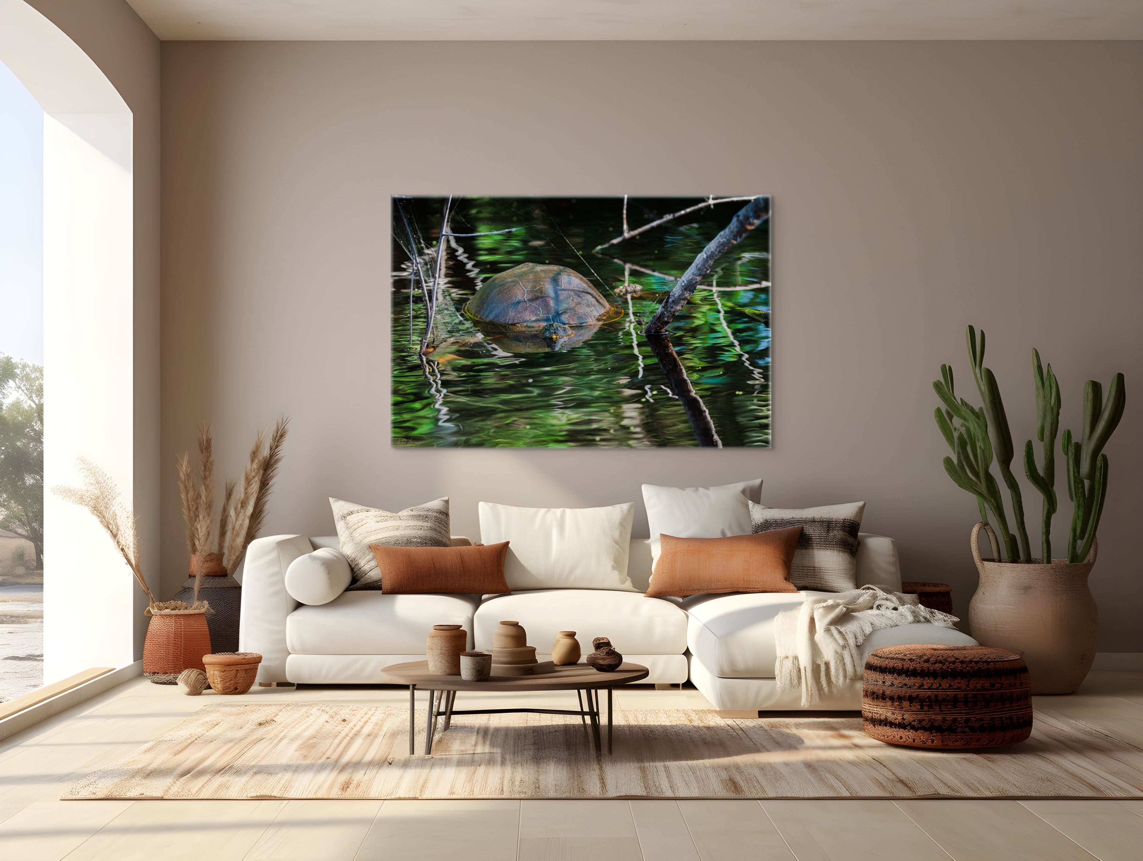 wildlenz painted turtle canvas displayed above a white sofa 