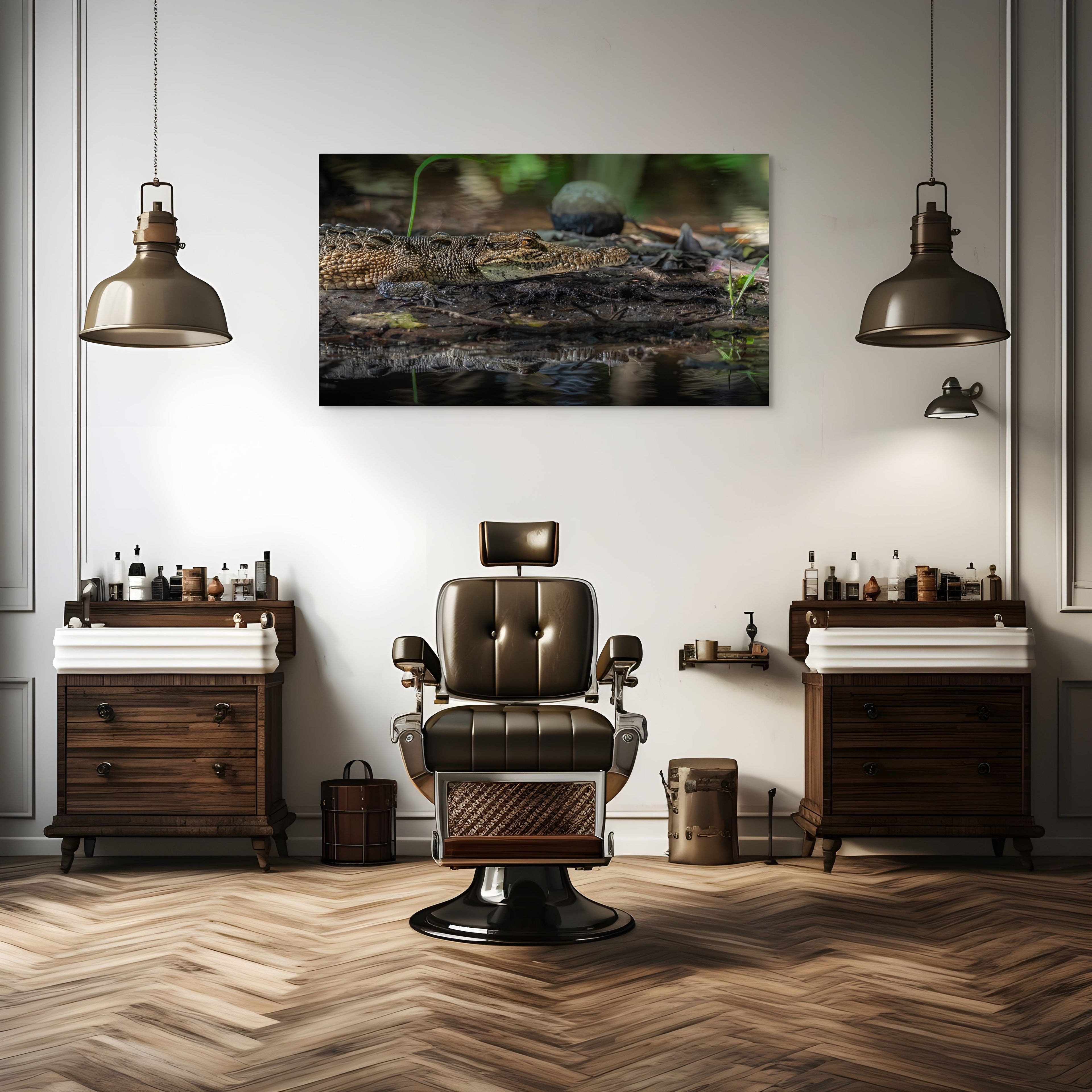 Vintage barber shop with classic chair, mirrors, and oaxacroc decor on a wooden floor.