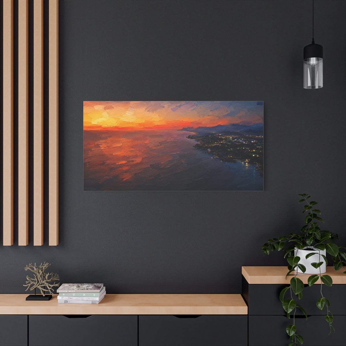 wildlenz canvas of a sunset over water in a modern interior setting and dark wall.