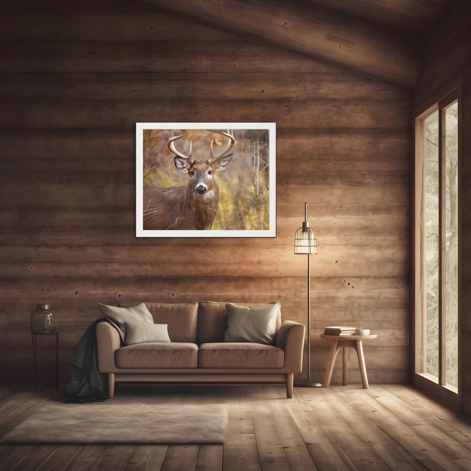 Wooden interior with a sofa, lamp, and framed picture of a deer on the wall.