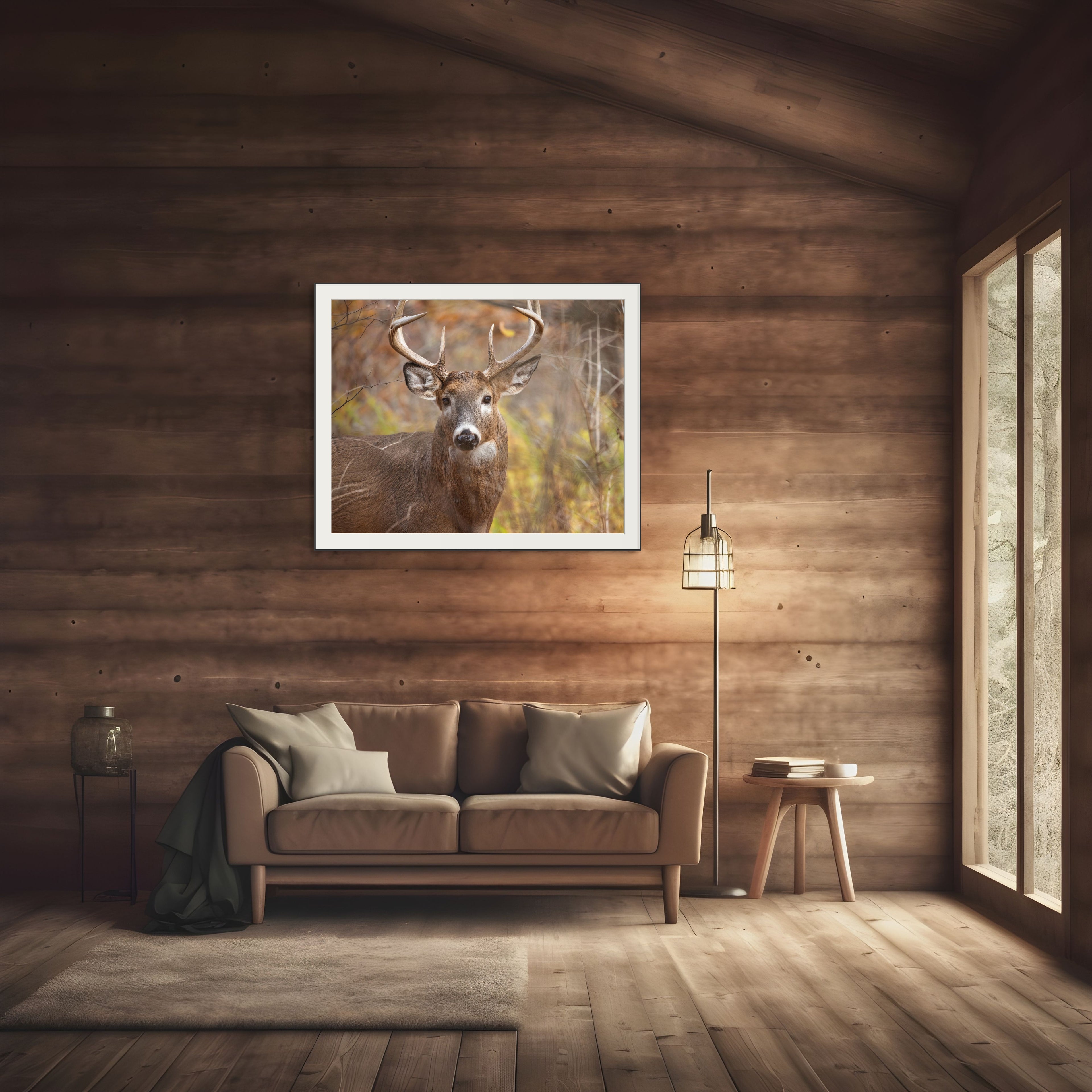 Wooden interior with a sofa, lamp, and framed picture of a deer on the wall.