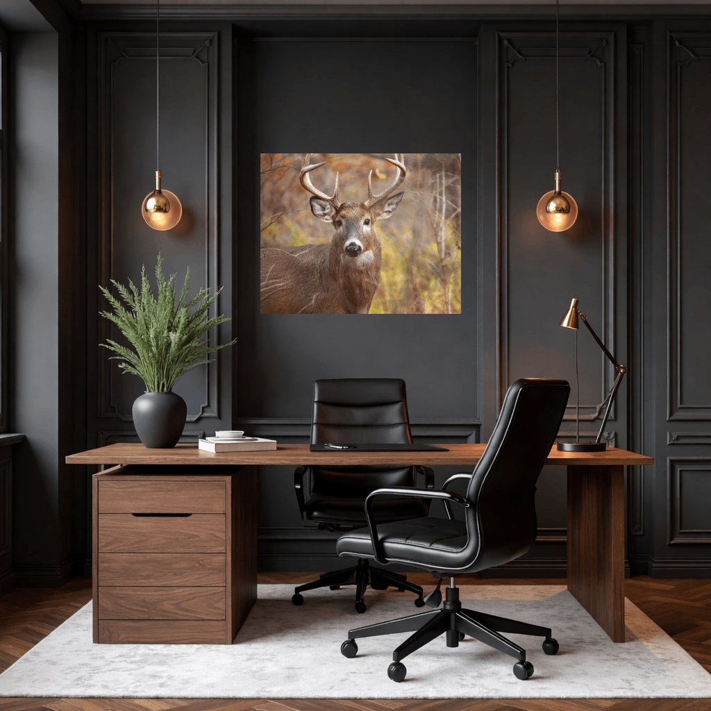Modern office interior with a wooden desk, black office chairs, and a deer acrylic art piece on the wall.